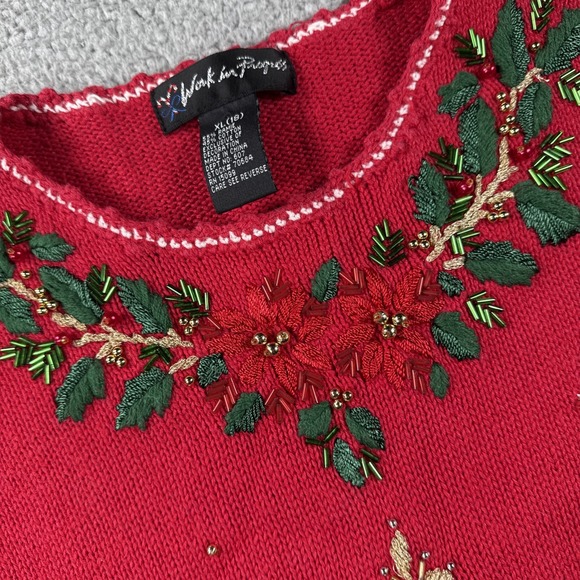 Work In Progress Christmas Sweater Womens XL Christmas Tree Beaded Embroidered - Picture 6 of 14